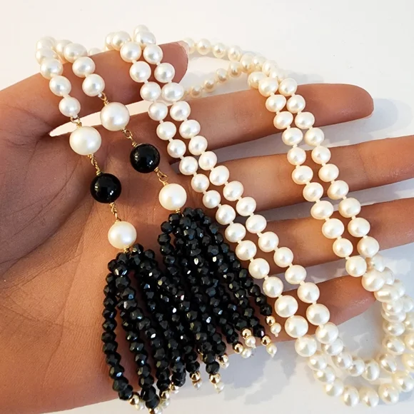 Lariat pearl necklace petite pearls high luster 18k GP hand knottedA0123 -1Q